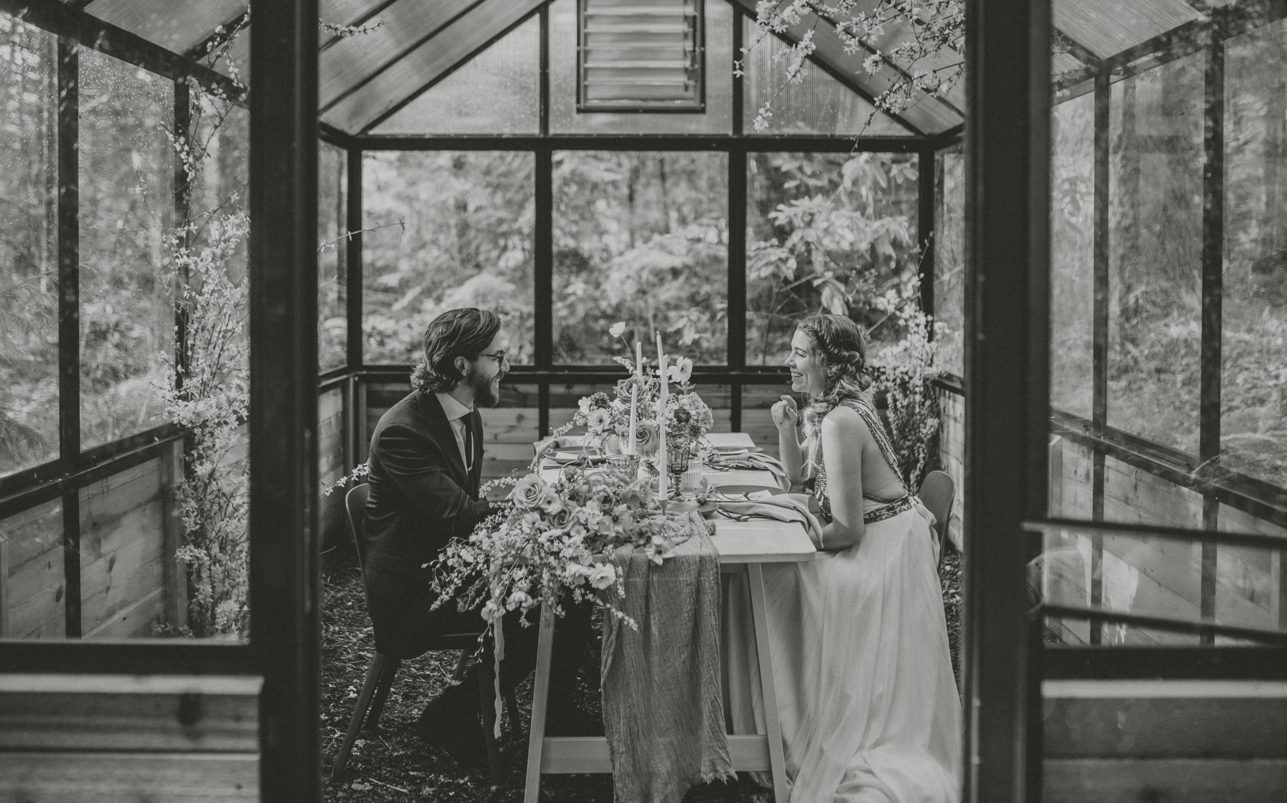 Bride and groom at dinner table